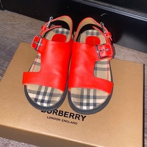 Girls Red Burberry Buckled Leather Sandals
